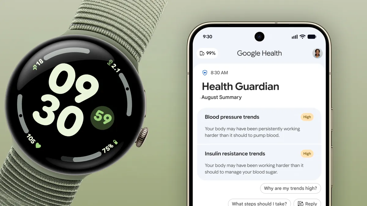 Google Health artwork introducing blood pressure and insulin resistance trends for Pixel Watch.