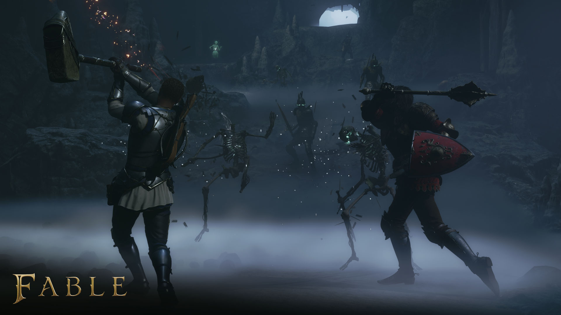 Fable's Hero raises a hammer while an armored ally fights skeletons in a dark cavern.