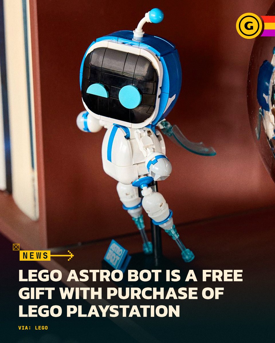 A brick-built LEGO Astro Bot model stands on a shelf above a GameSpot caption about the LEGO PlayStation gift offer.