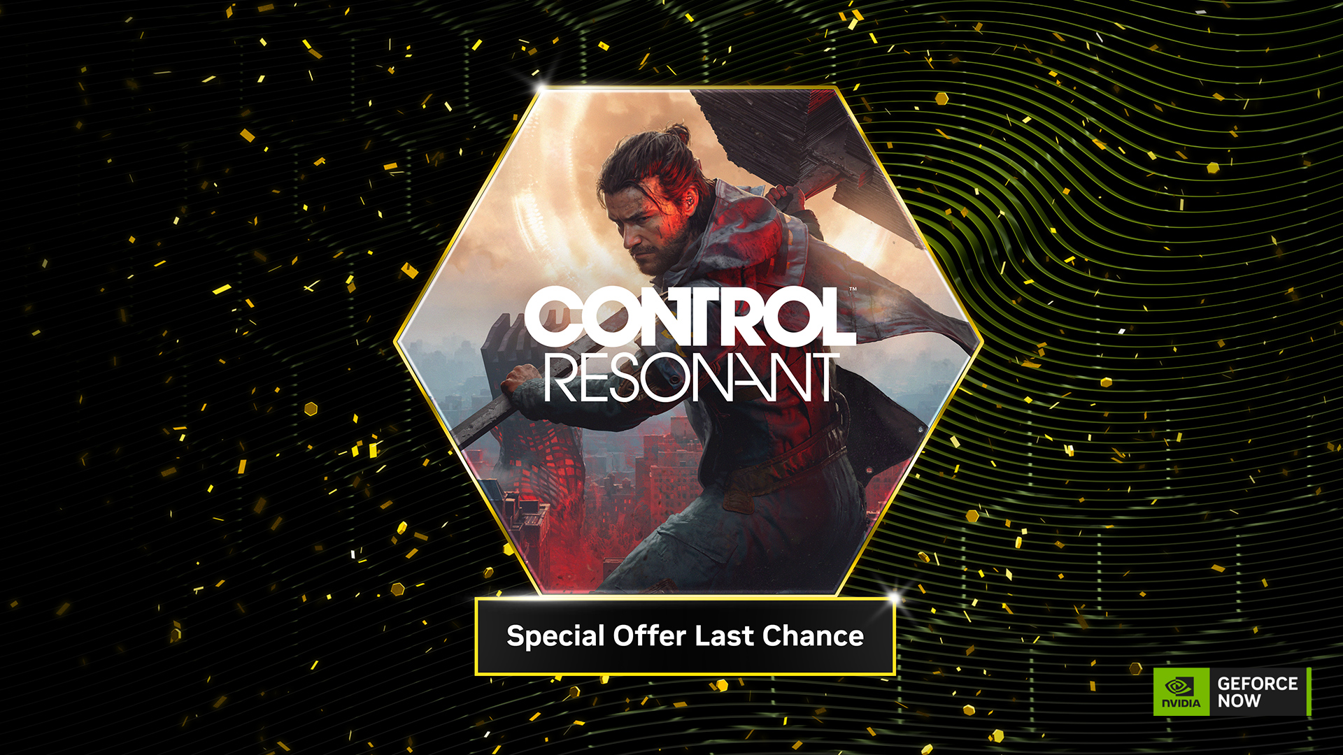 GeForce Now promotional art for Control Resonant with Nvidia branding.