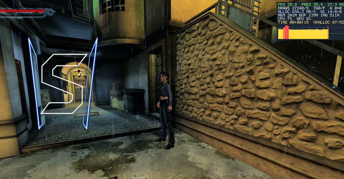 A PlayStation 5 game runs in the SharpEmu emulator with a performance overlay visible.