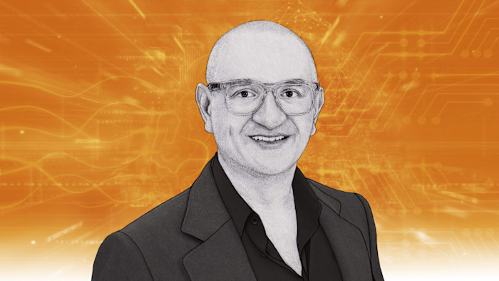 Illustrated portrait of Cisco president Jeetu Patel against an orange circuit-pattern background.