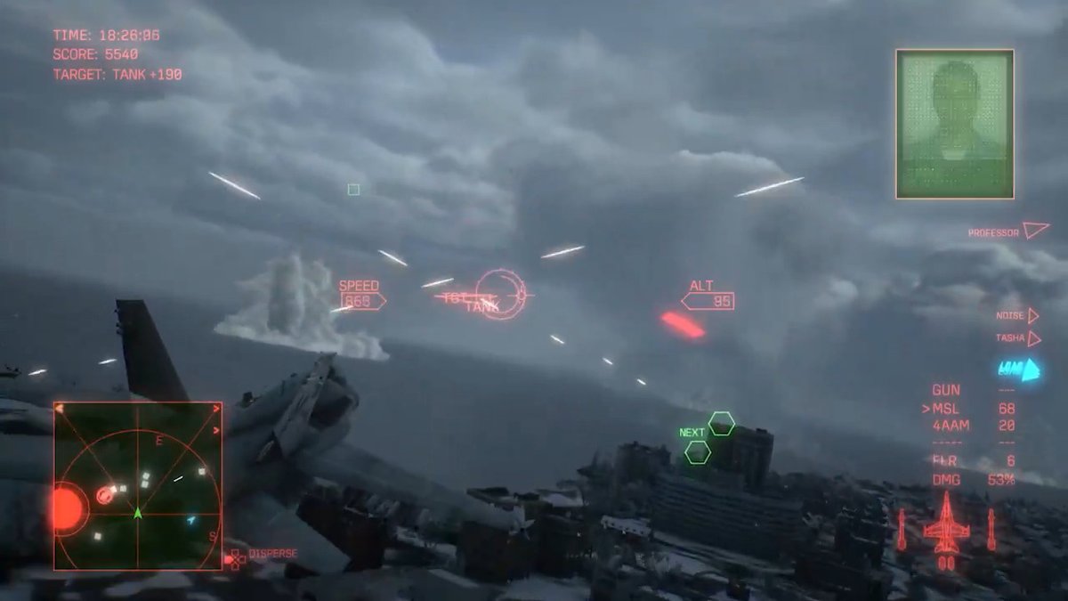 Ace Combat 8 gameplay shows a jet banking over a city beneath storm clouds from the player's cockpit view.