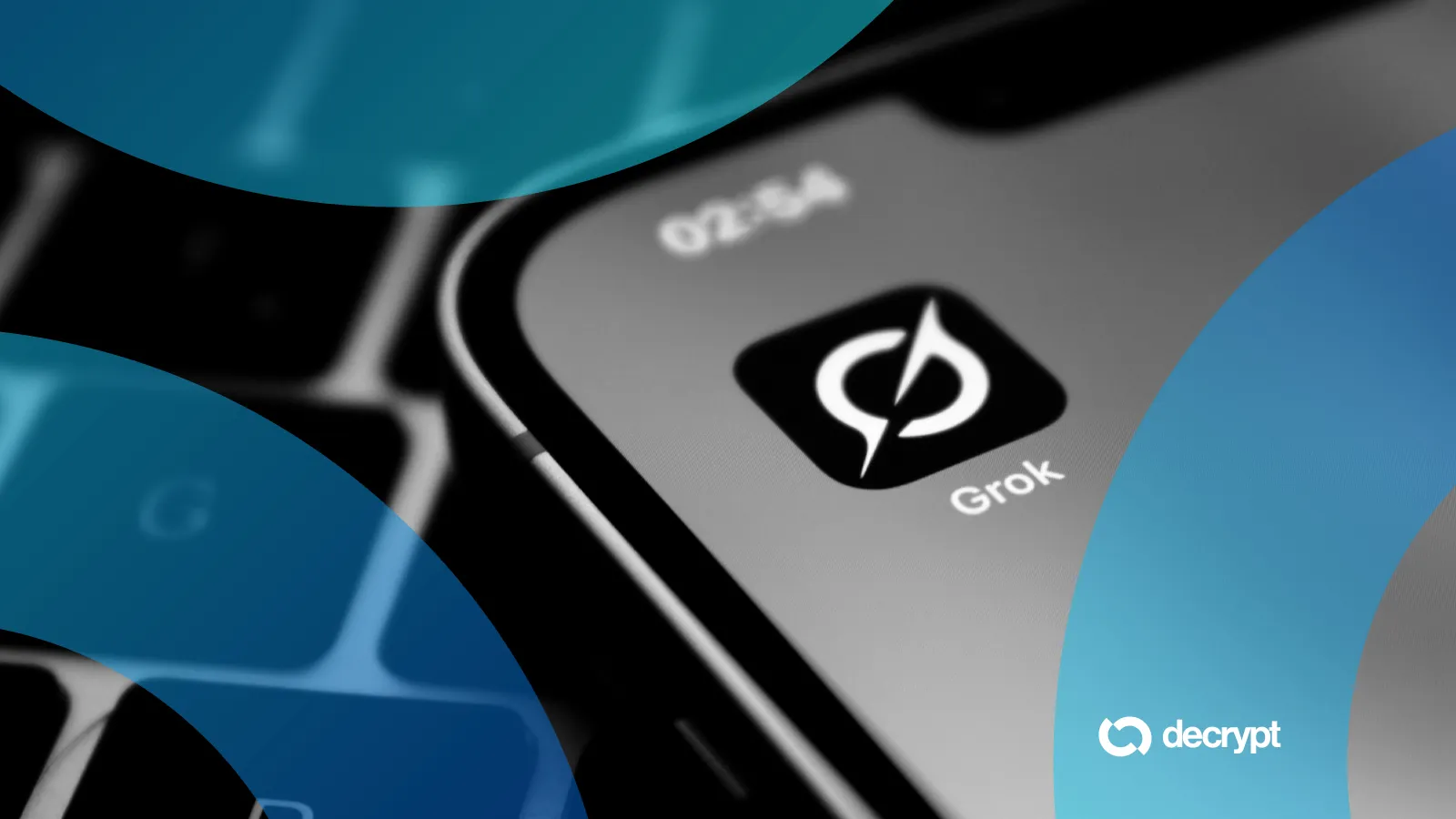 Close-up of the Grok app icon on a smartphone, with blue graphic accents.