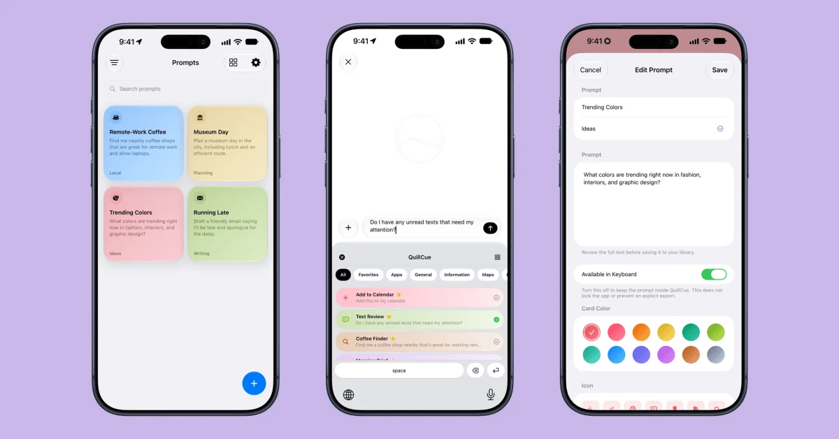 Three iPhone screens show QuillCue's prompt library, its custom keyboard in Siri AI and the prompt editor.