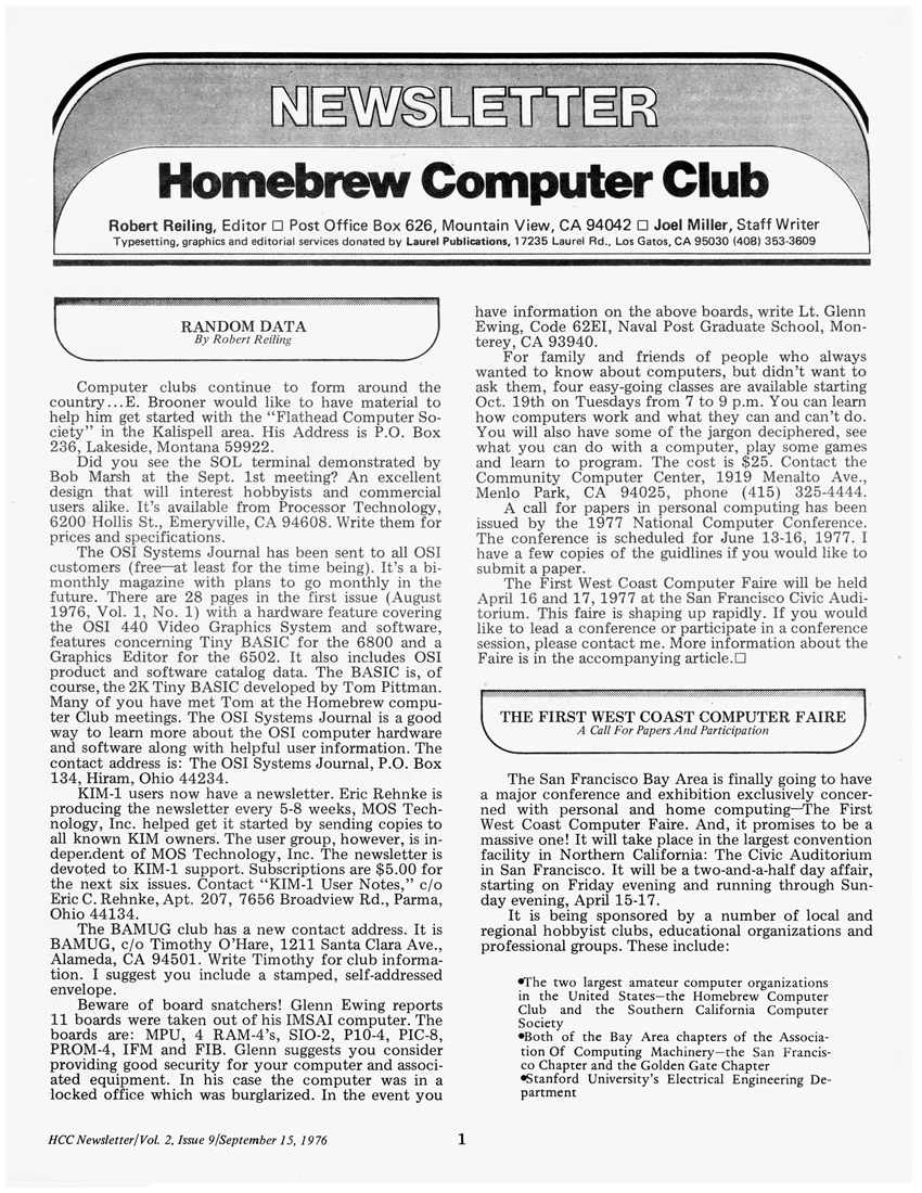 Front page of the Homebrew Computer Club newsletter from September 1976.