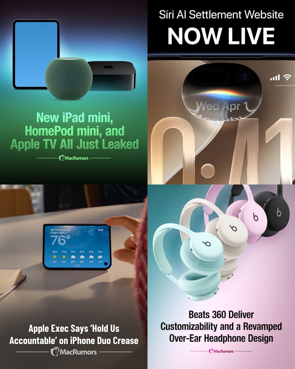 A MacRumors collage shows Apple product leaks, the Siri AI settlement website, an iPhone display and Beats headphones.