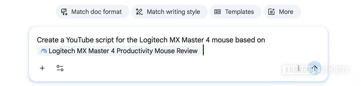 Gemini in Google Docs prompt referencing a Gemini Notebook source.