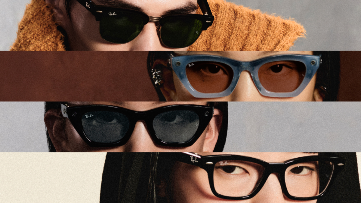 Four people wearing glasses from Meta's expanded Ray-Ban and Meta smart-glasses lineup.