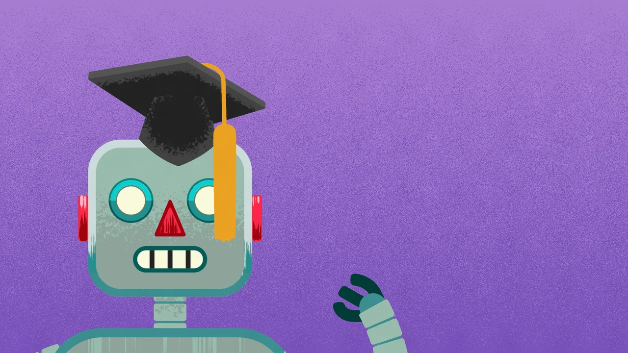 Illustration of a cartoon robot wearing a graduation cap.