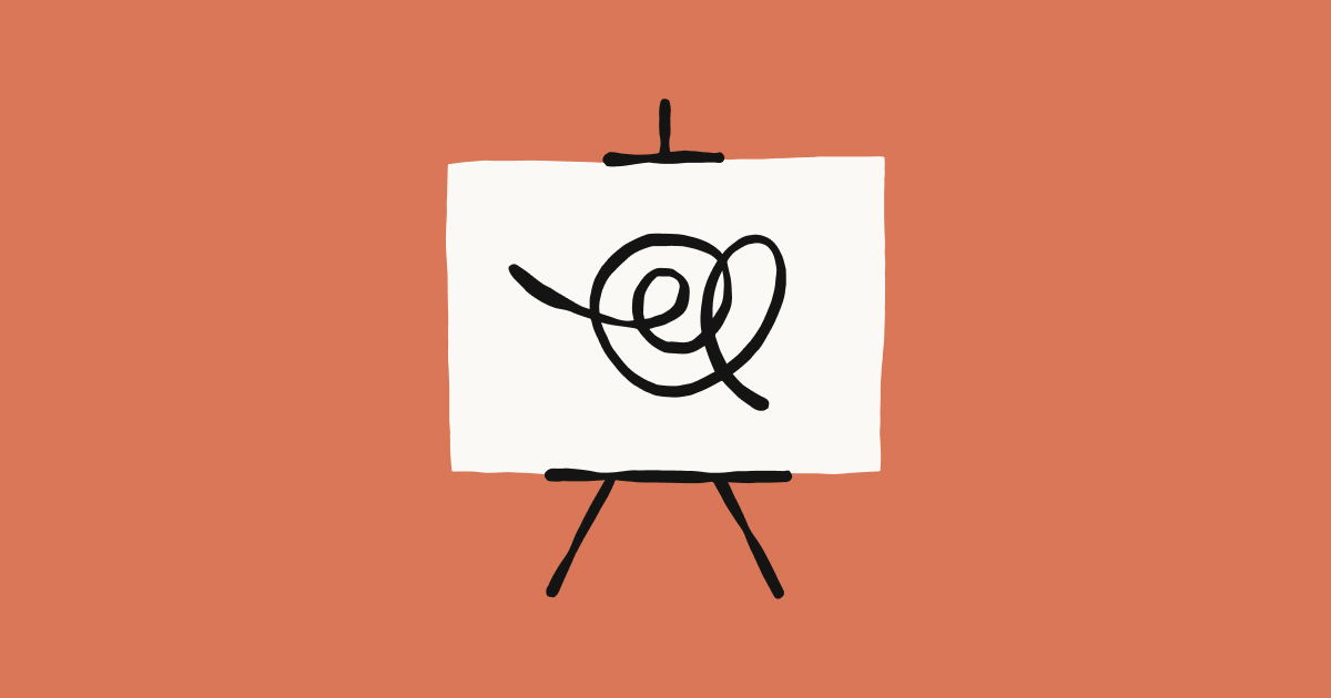 Illustration of an easel holding a white canvas with an abstract black loop on a coral background.