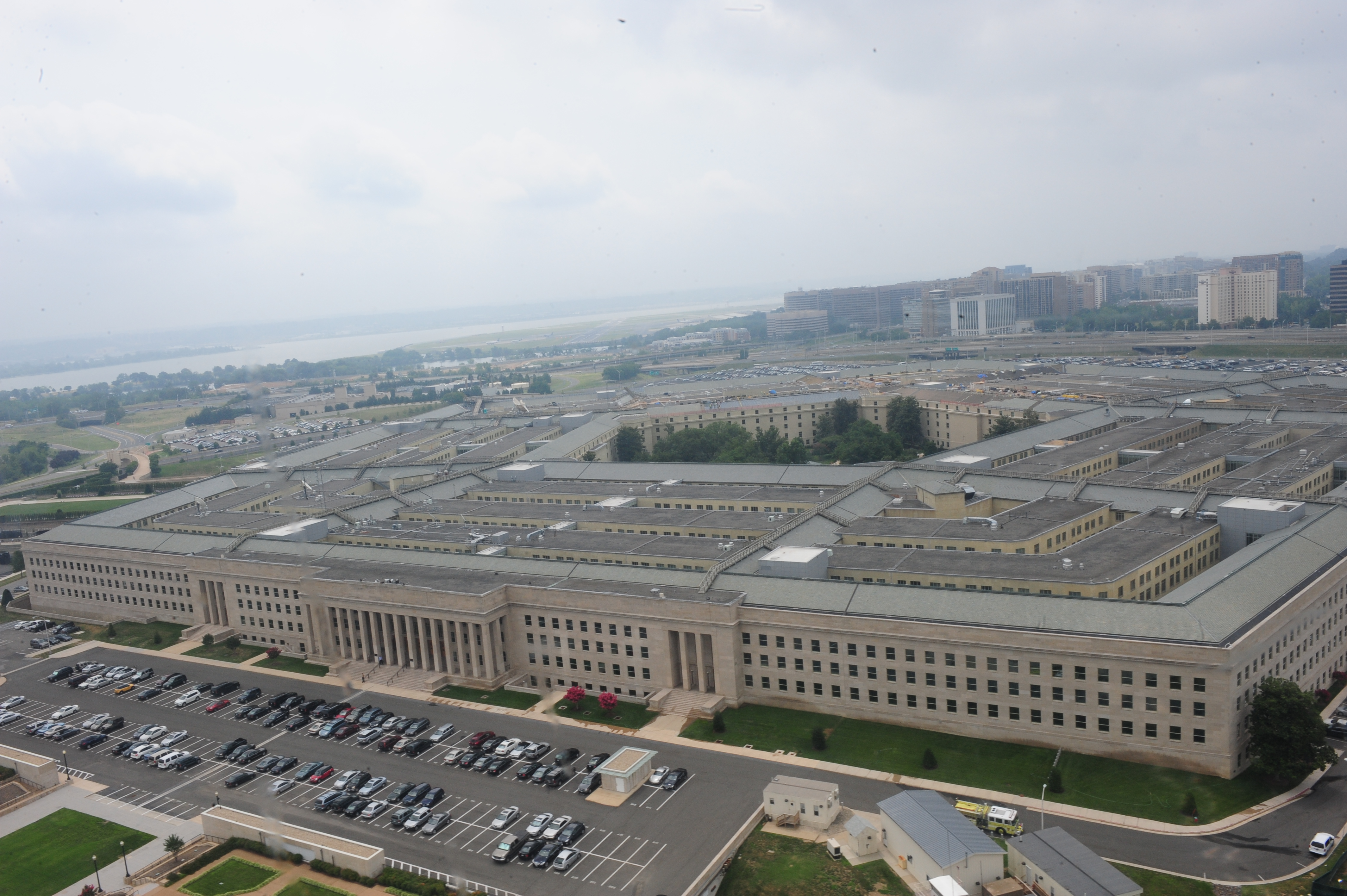 Aerial view of the Pentagon and its surrounding roads in Arlington, Virginia.