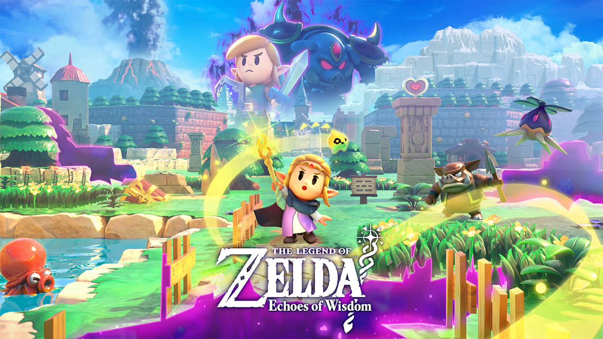 Princess Zelda raises the Tri Rod in Echoes of Wisdom key art, with Link, monsters and Hyrule scenery behind her.