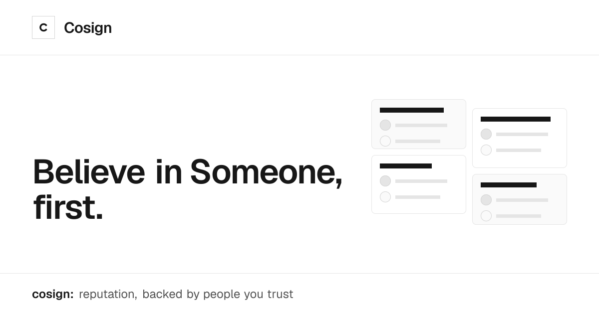 Cosign graphic reading “Believe in someone, first” beside illustrated endorsement cards.