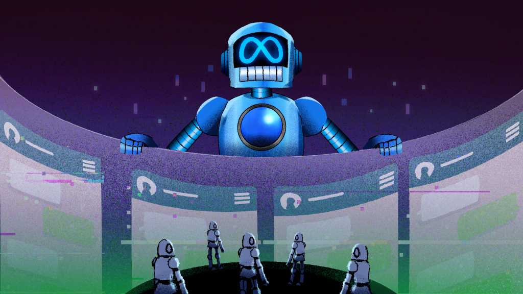 Editorial illustration about Meta competing with AI agent startups built on WhatsApp.