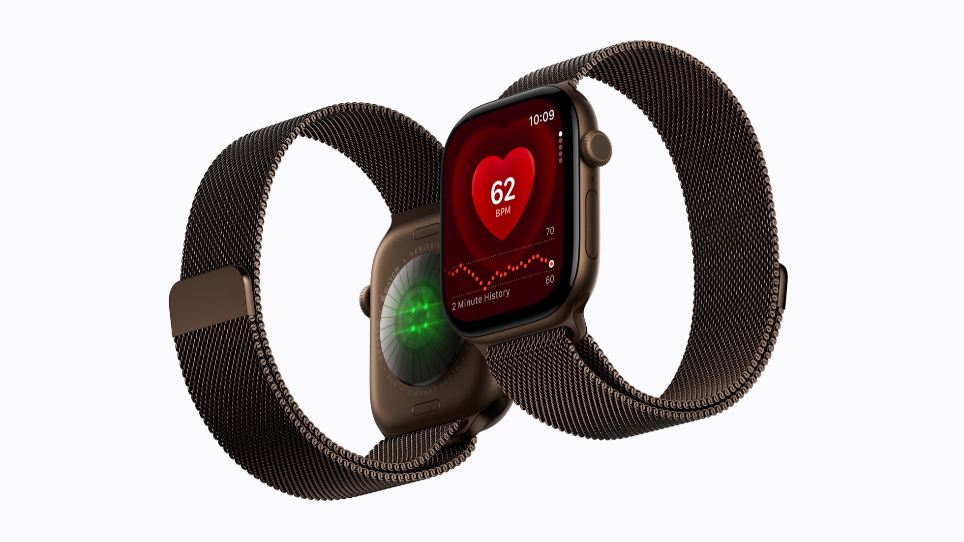 Two bronze Apple Watch Series 12 models show the rear health sensors and the Heart Rate app.