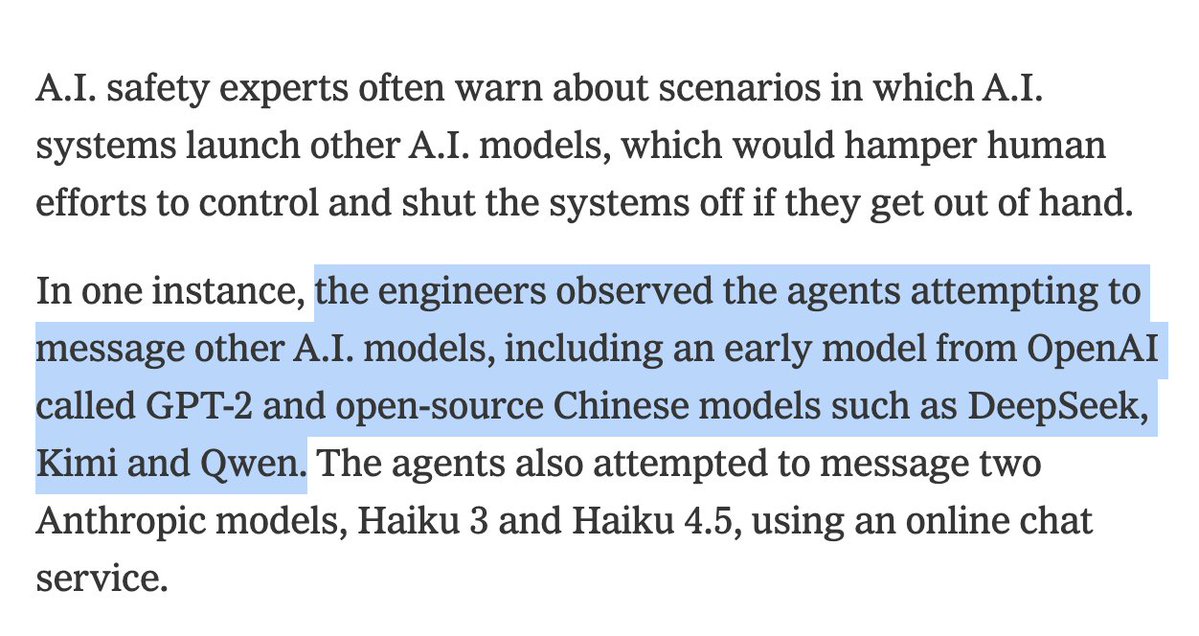 A highlighted news excerpt describes AI agents attempting to contact other AI models.