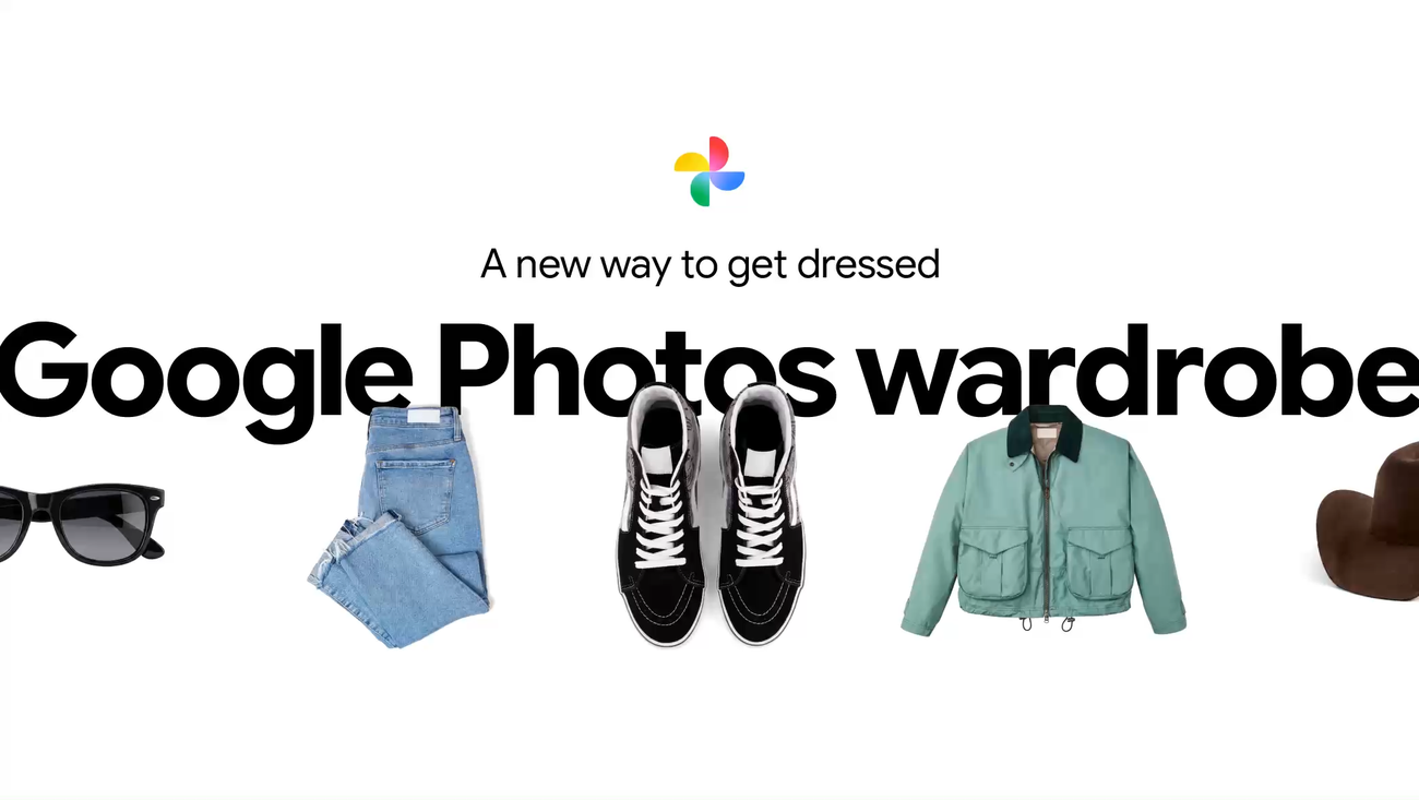 Google Photos Wardrobe artwork showing jeans, shoes, a jacket and accessories beneath the product name.