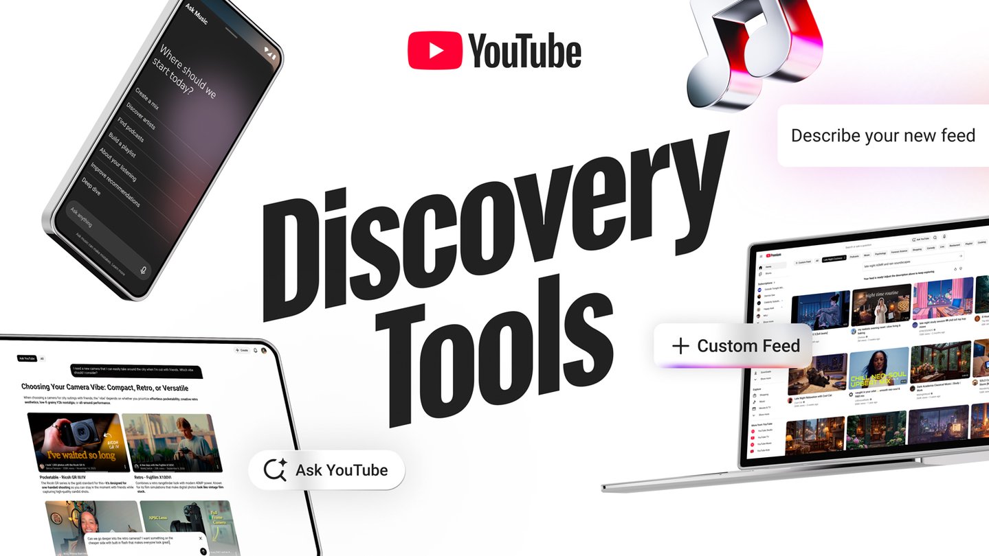 YouTube Discovery Tools artwork showing Custom Feed interfaces on phones and a laptop.