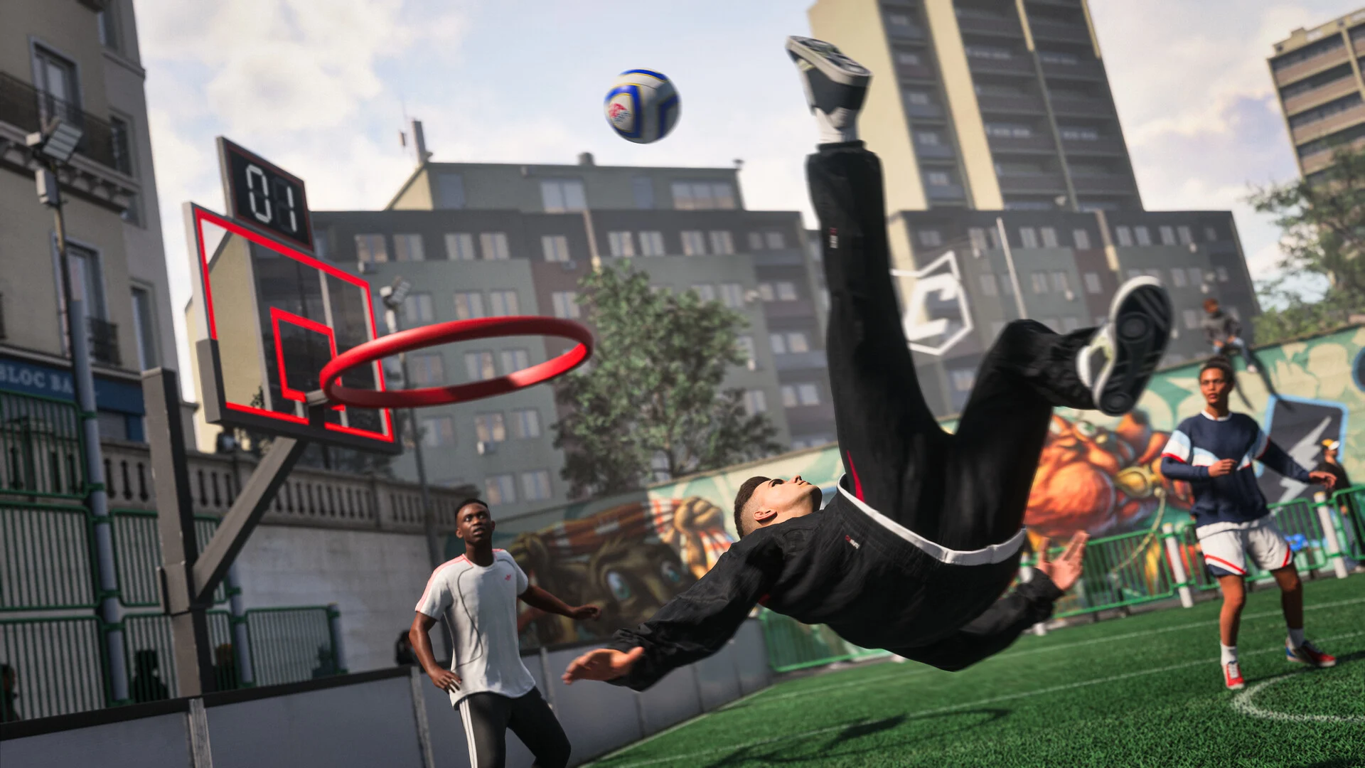 EA Sports FC 27 player attempting a bicycle kick on a street pitch