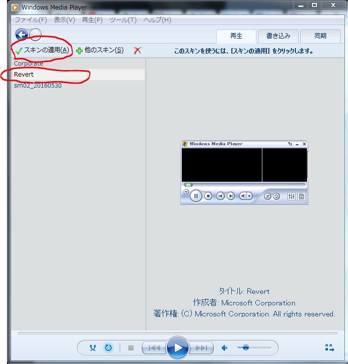 Windows Media Player 12 open to its Skin Chooser with several legacy skins listed.