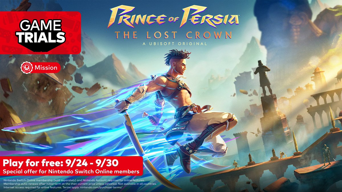 Promotional artwork for Prince of Persia: The Lost Crown and its Nintendo Switch Online Game Trial.
