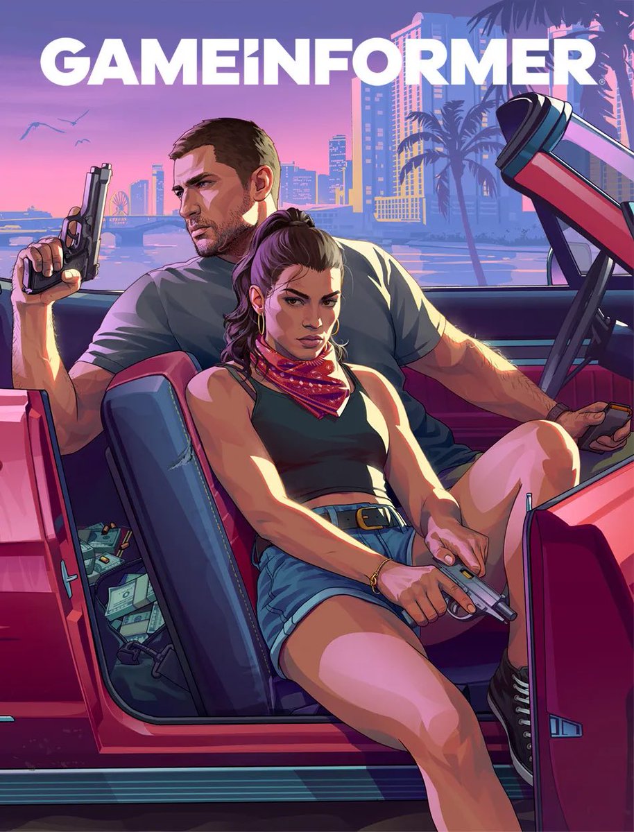 Game Informer’s Grand Theft Auto VI cover shows Jason Duval and Lucia Caminos seated in a red convertible against a pastel Vice City skyline.