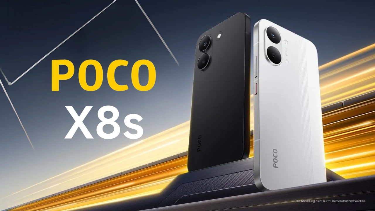 XimiTime illustration labeled POCO X8s showing black and white phone renders.