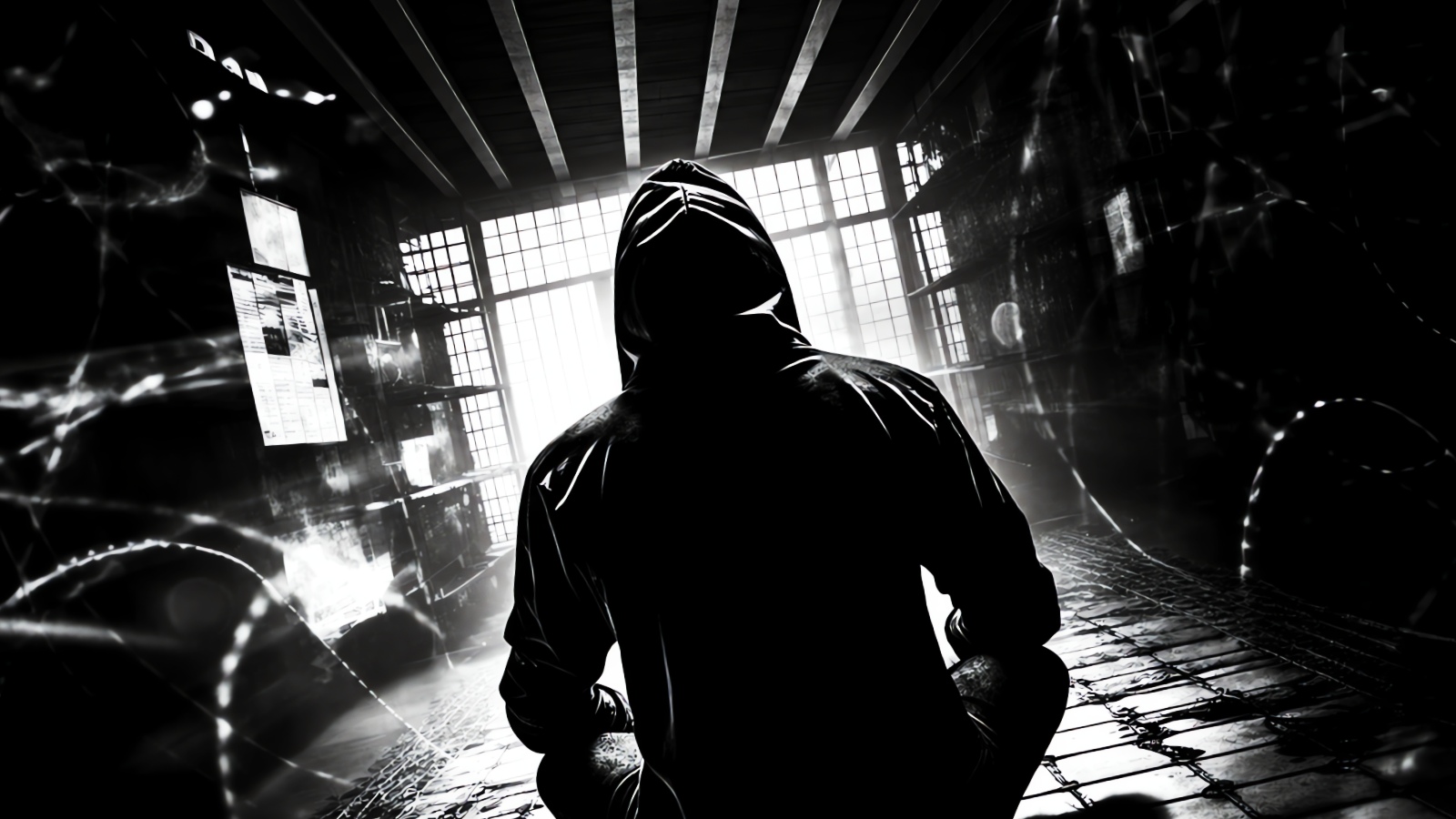 Monochrome illustration of a hooded figure in a dark digital environment.