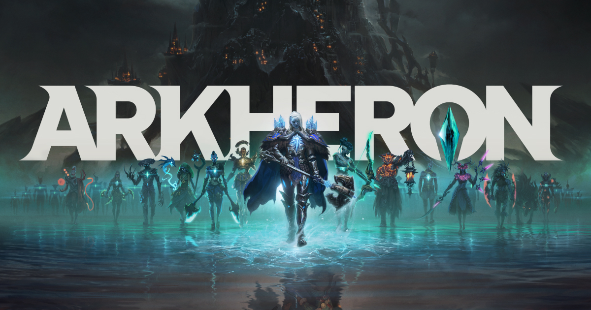 Arkheron characters and Relic-bearing fighters stand before the game's logo and a dark Tower.