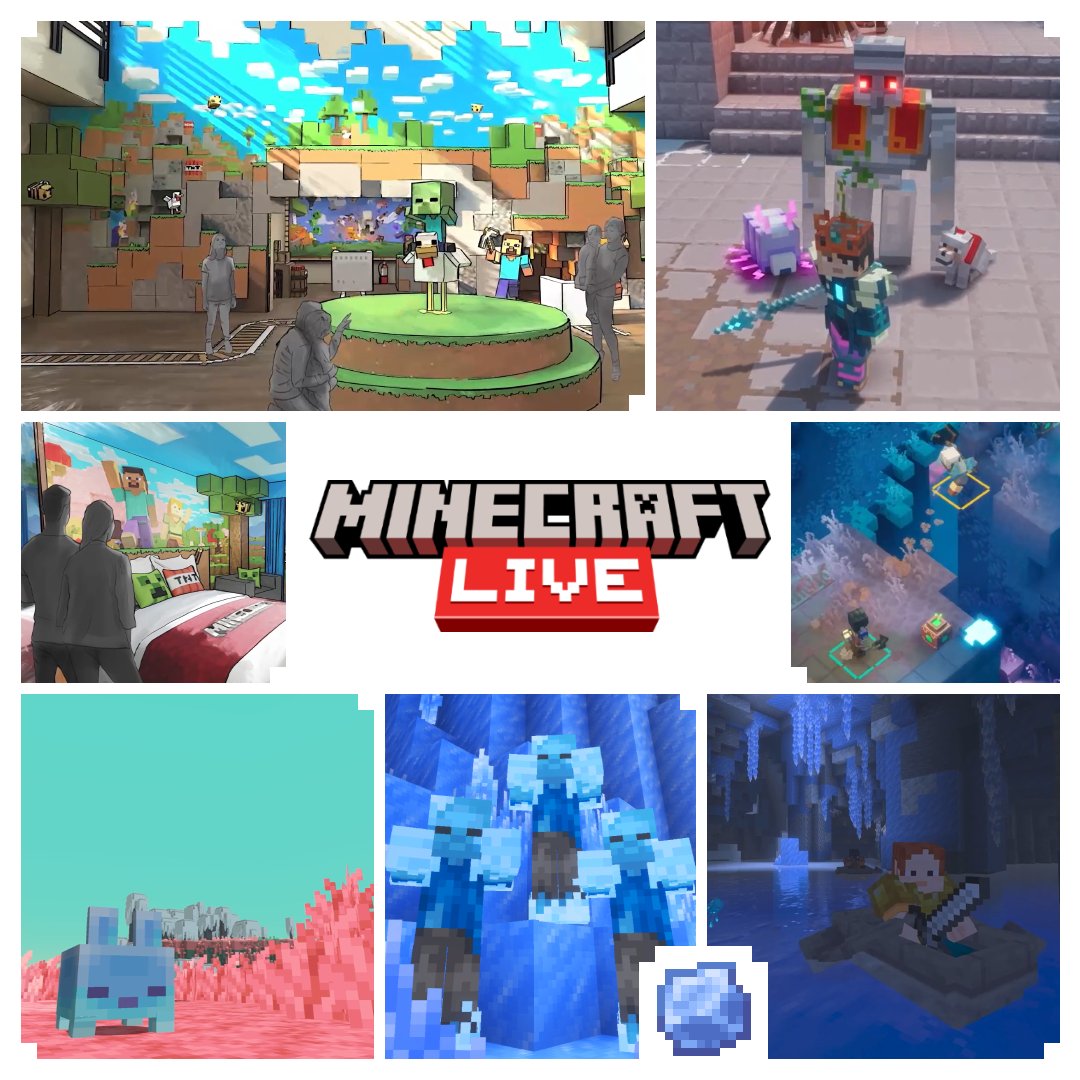 Minecraft LIVE recap collage showing Dungeons II combat, the Sift and ice-cave scenes around the event logo.
