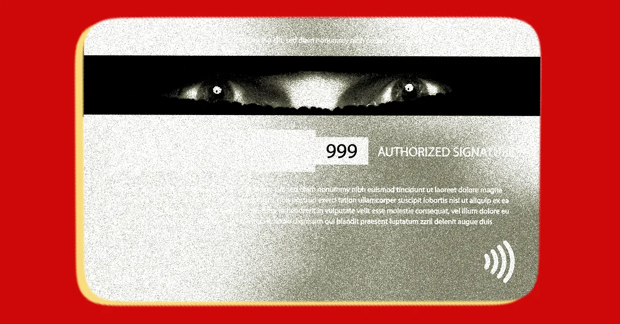 Illustration of eyes peering through the magnetic stripe of a payment card.