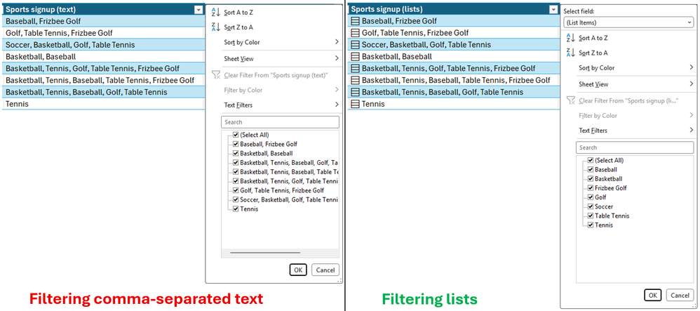 Excel comparison showing filtering comma-separated text versus filtering list items stored in cells.