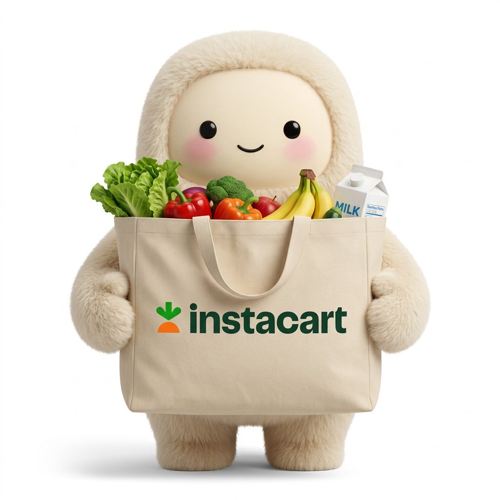 Meta's Muse mascot holding an Instacart grocery bag filled with produce.