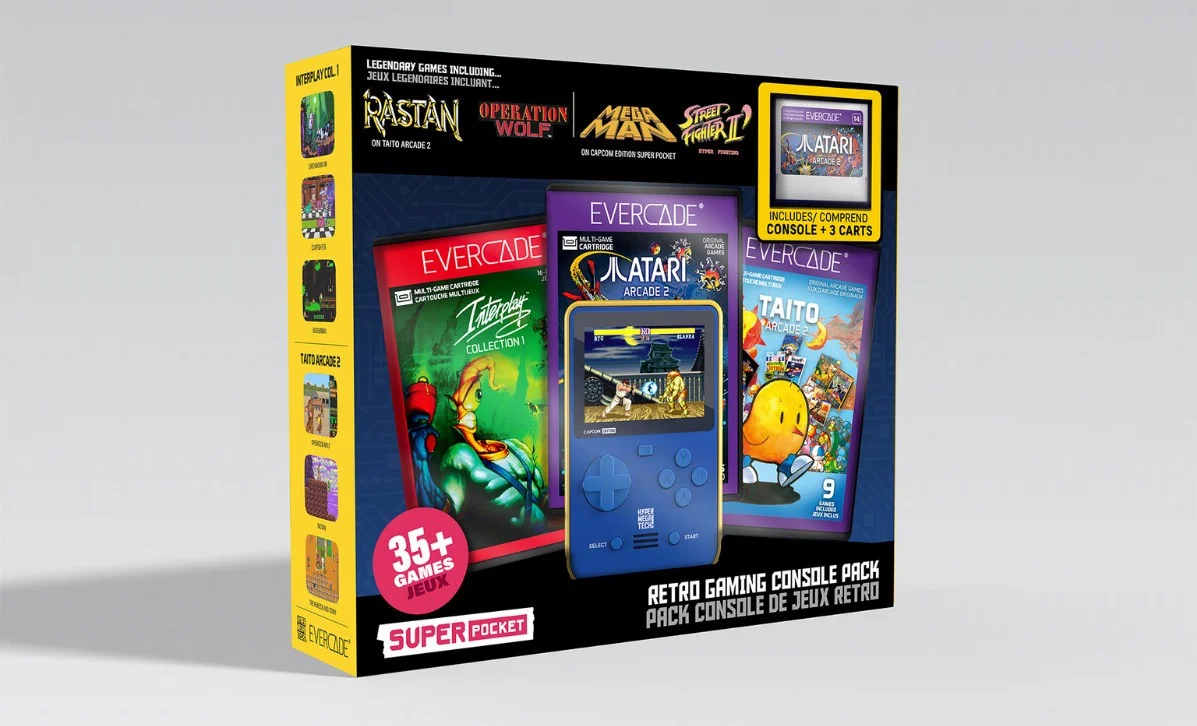 Capcom Super Pocket handheld beside the Atari Arcade 2, Interplay Collection 1 and Taito Arcade 2 cartridge boxes included in the GameStop bundle.