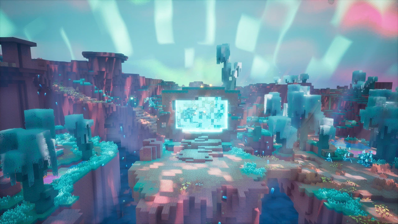 A glowing rift stands amid the colorful block-built landscape of Minecraft's new Sift dimension.