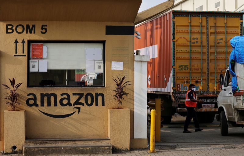 Amazon branding at a company facility in India.