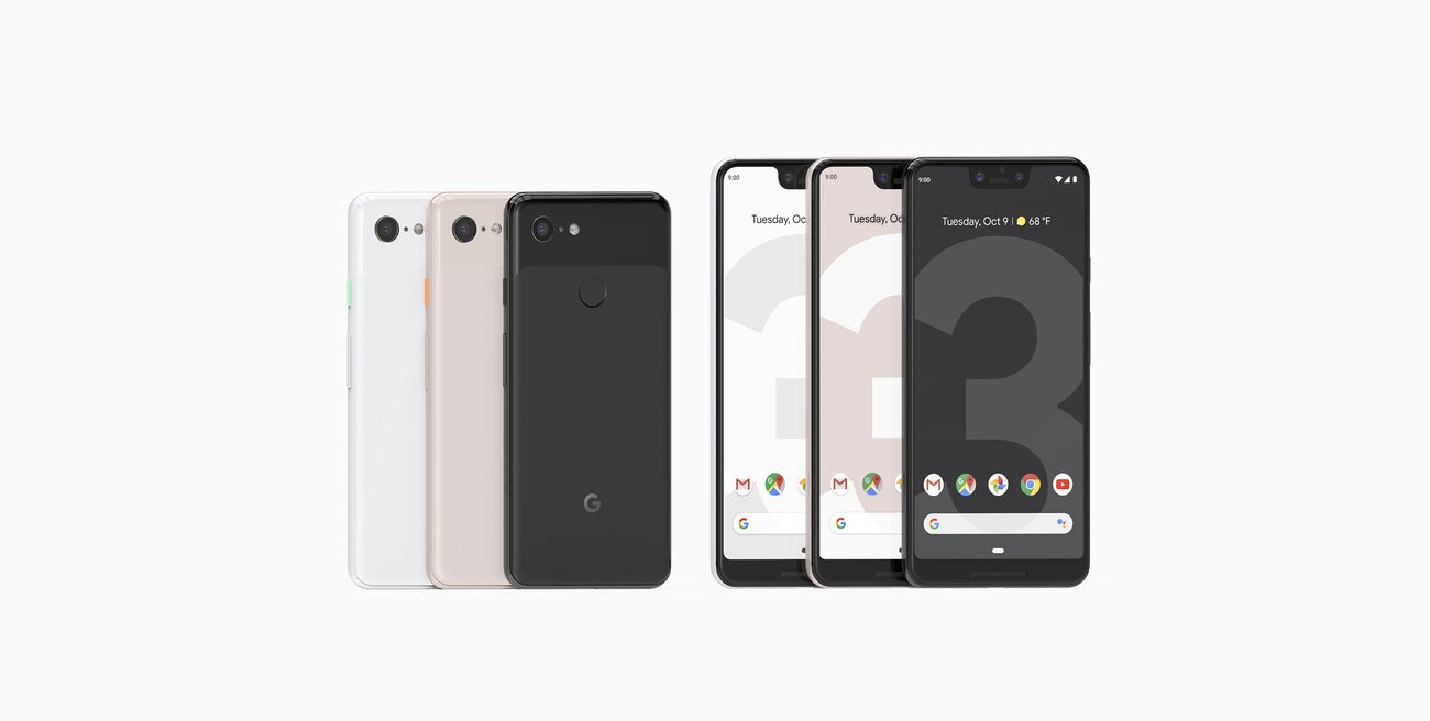 Google Pixel 3 and Pixel 3 XL phones shown from the front and back in three colors.