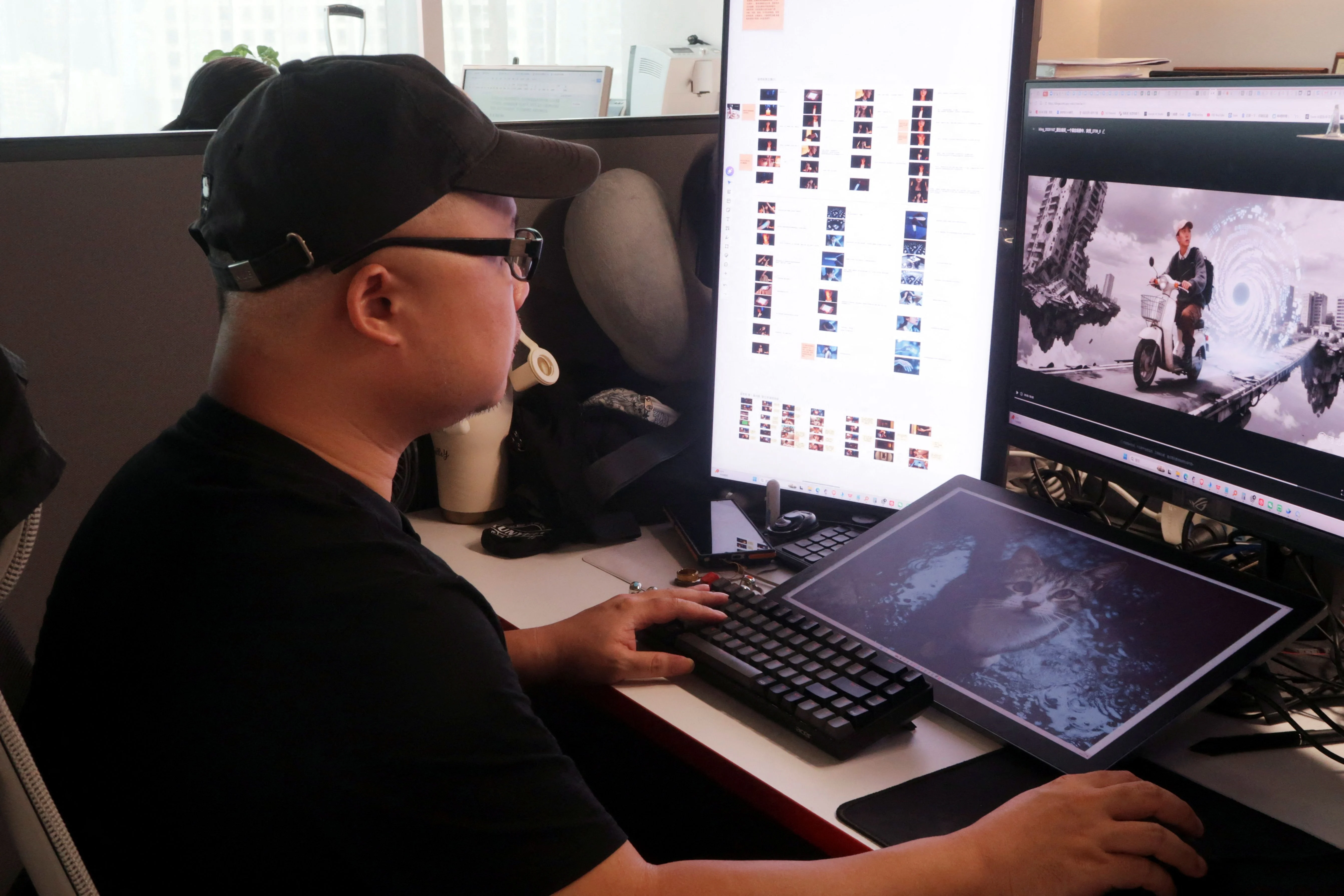 People work in an AI-assisted film production setting in China.