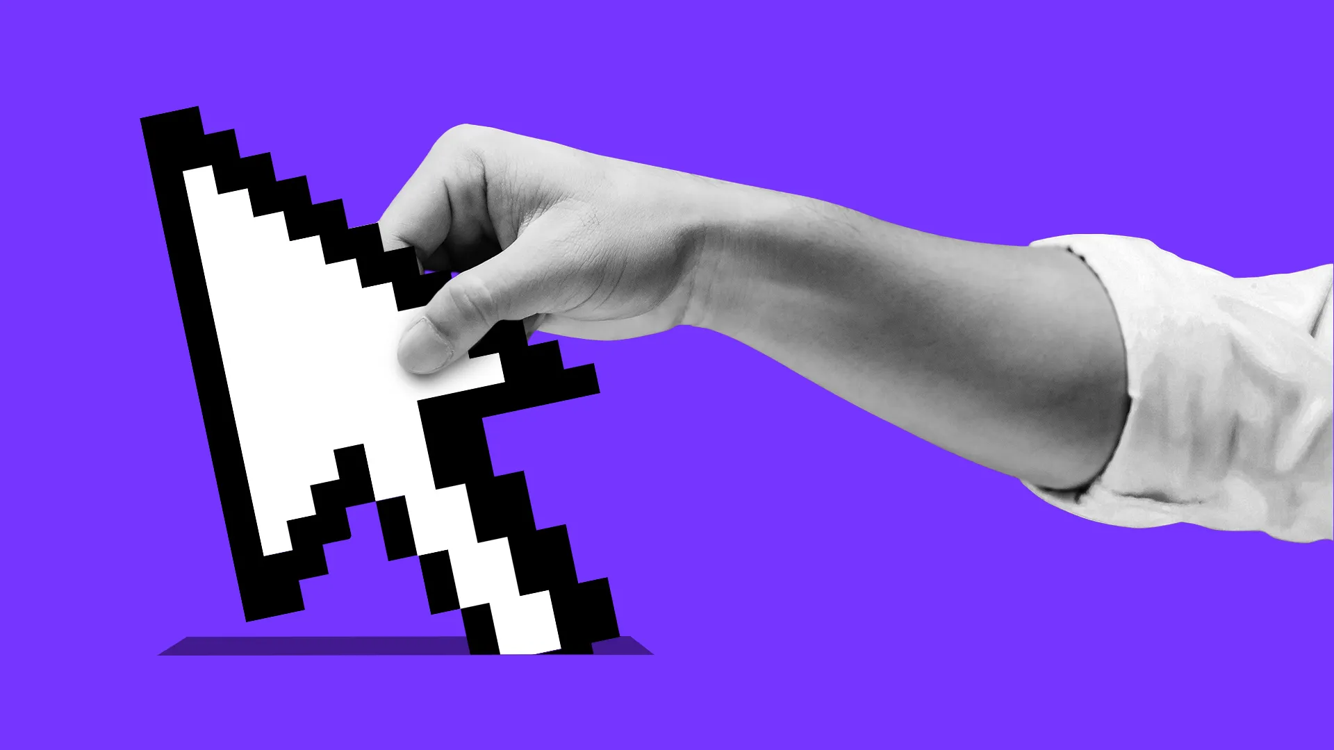 An illustrated hand lowers a large computer cursor into a ballot box.