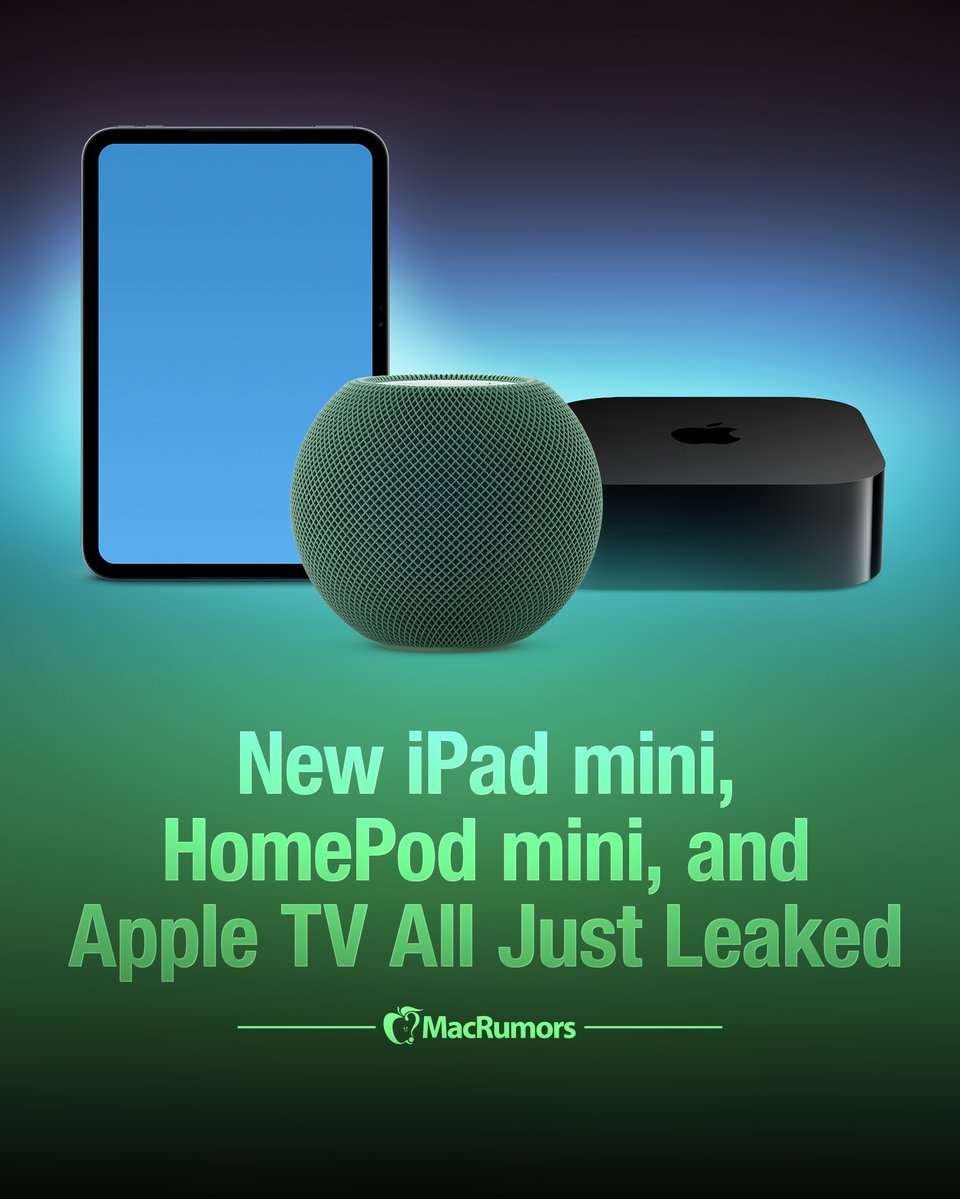 MacRumors composite showing an iPad mini, green HomePod mini and Apple TV 4K.