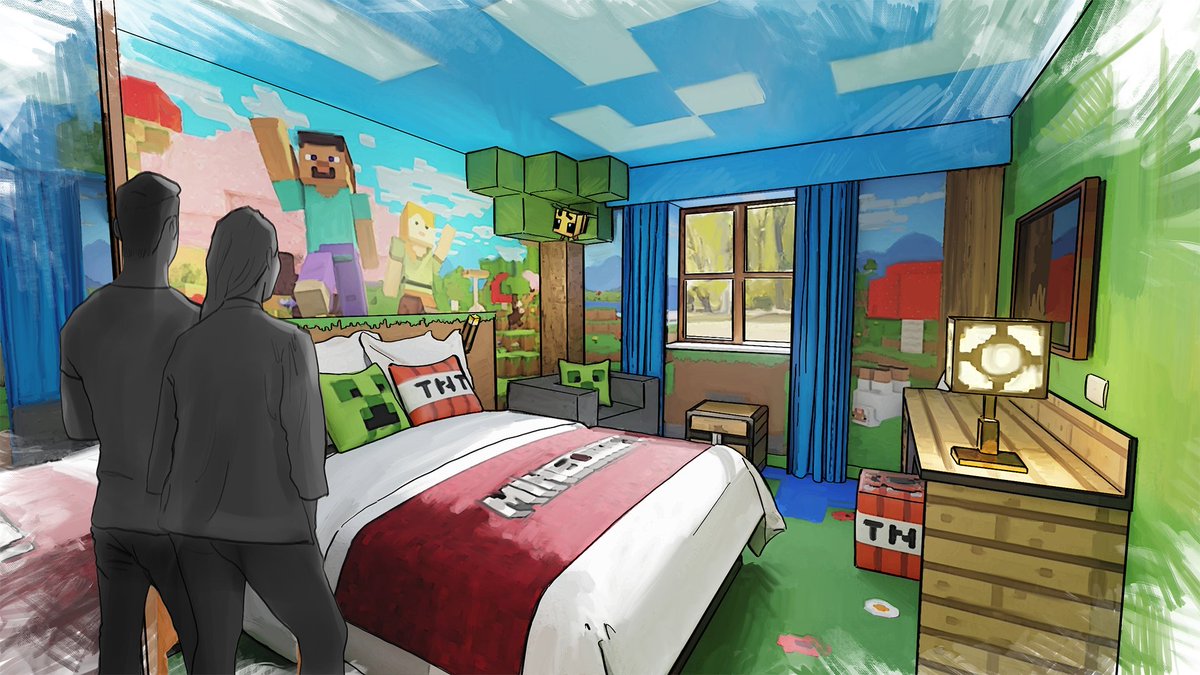 Concept art shows visitors entering a Minecraft-themed hotel room with block furniture, game murals and Creeper pillows.