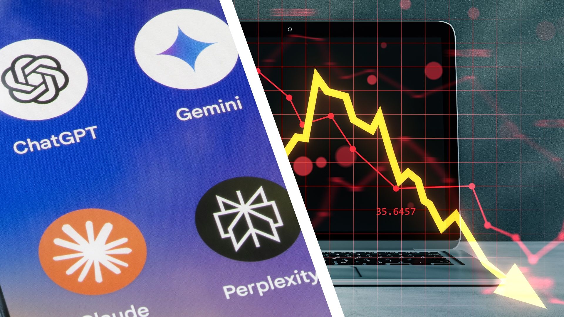 AI assistant app icons beside an illustrated falling market chart.