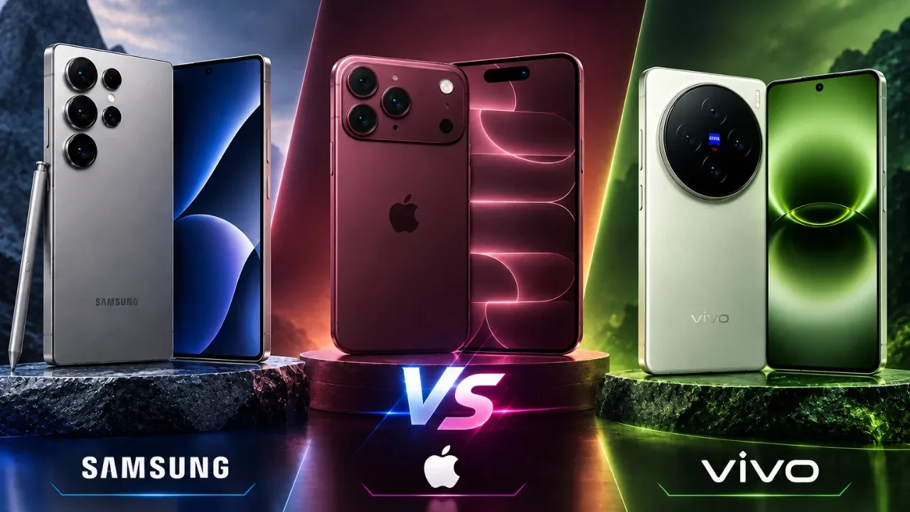 A comparison graphic for the Galaxy S27 Ultra, iPhone 18 Pro Max and Vivo X300 Ultra.