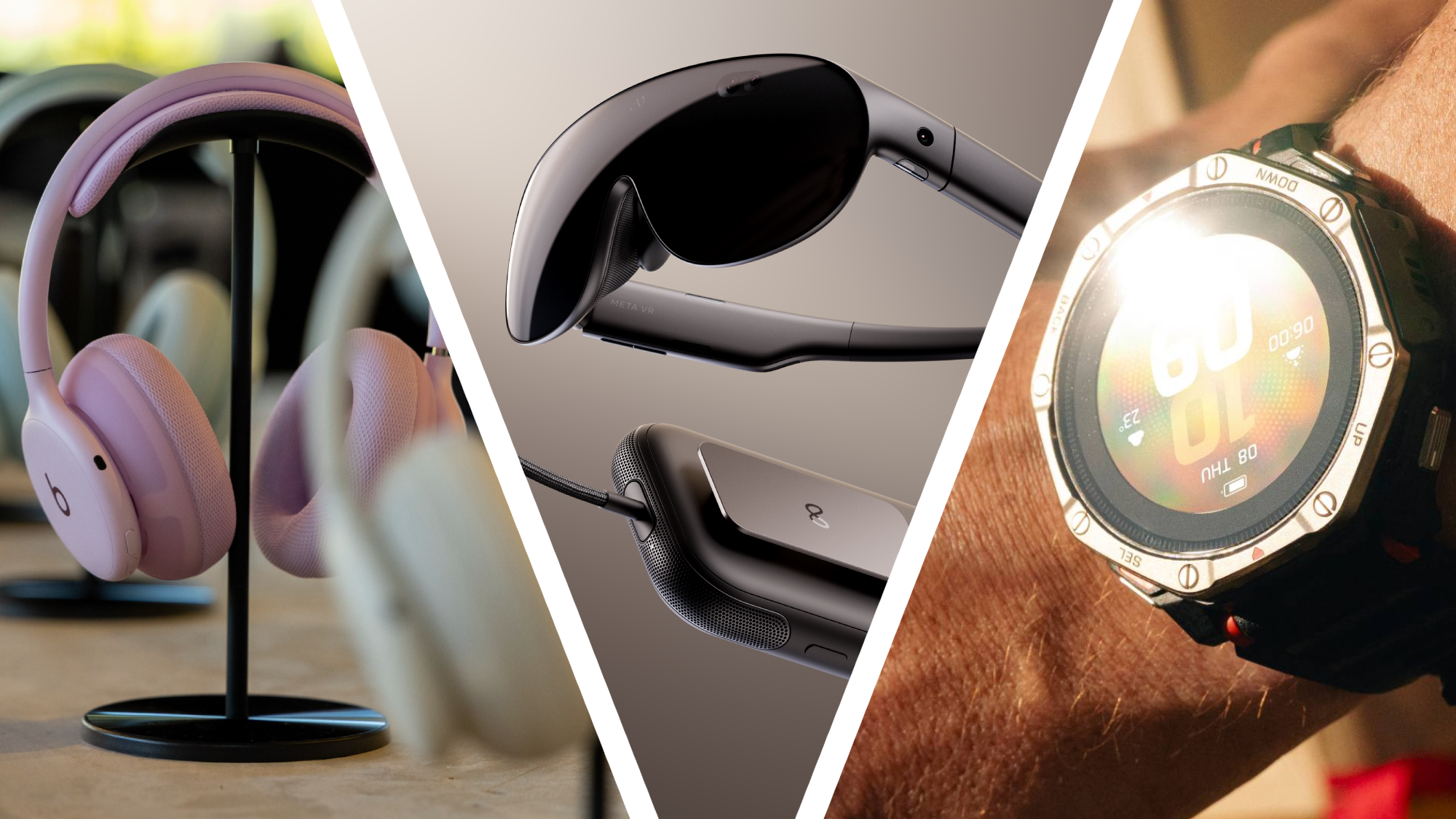 Collage of Beats headphones, Meta VR Glasses and an Amazfit smartwatch from TechRadar’s weekly roundup.