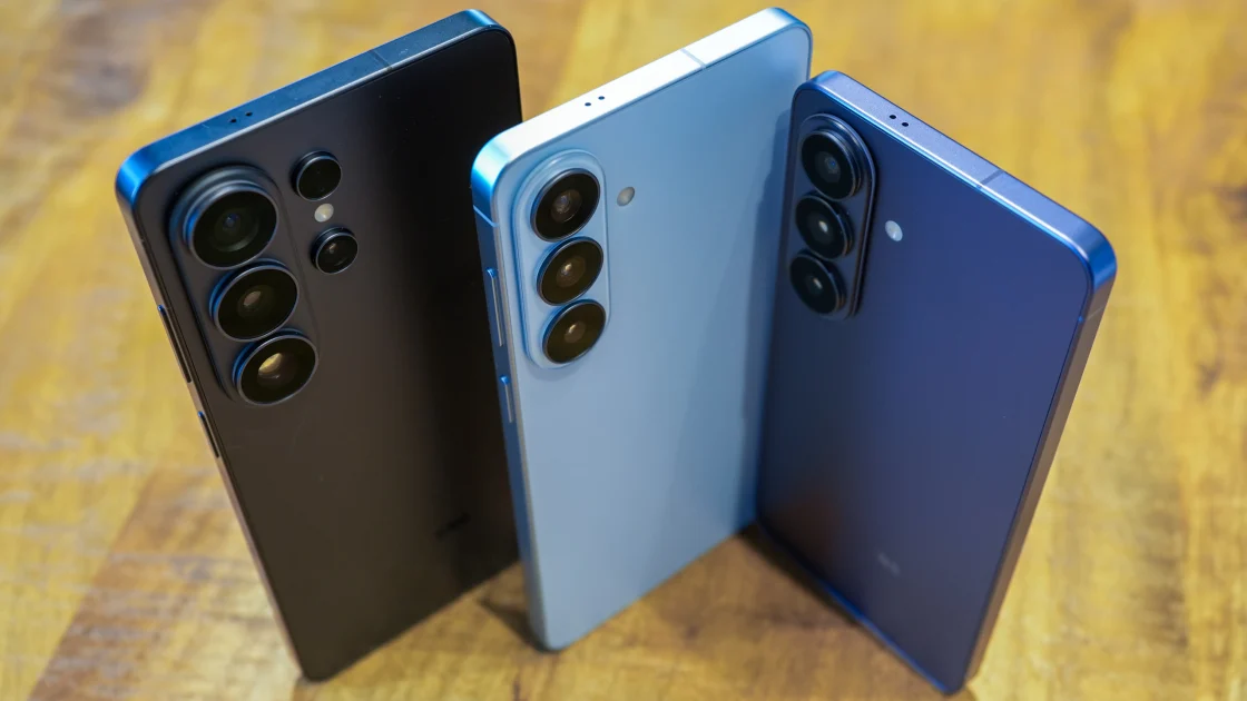 A selection of current Android smartphones arranged for comparison.