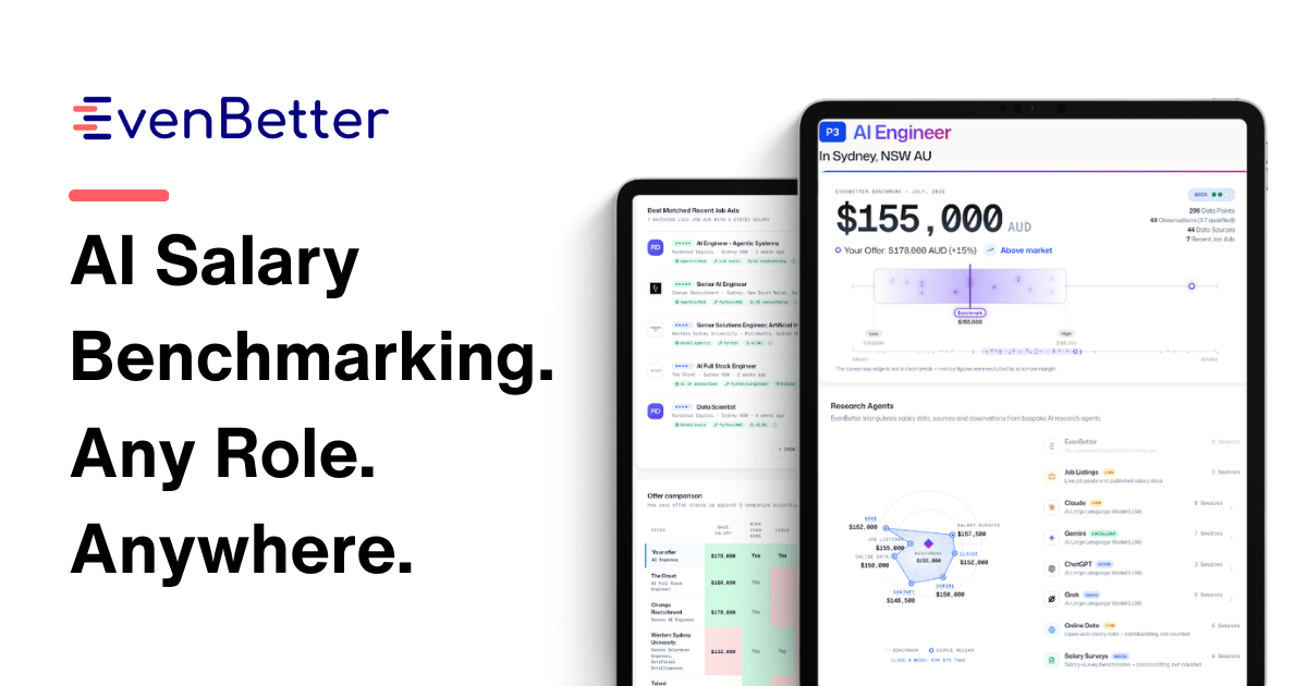 EvenBetter graphic showing an AI salary-benchmarking interface for an engineering role.