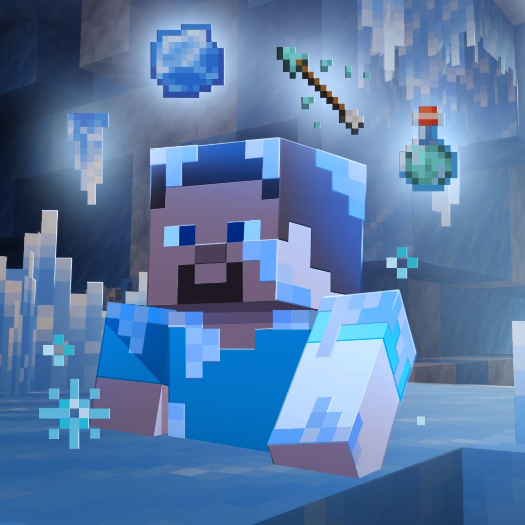 An ice-covered Minecraft character stands in an ice cave beneath floating ice-ball and item icons.