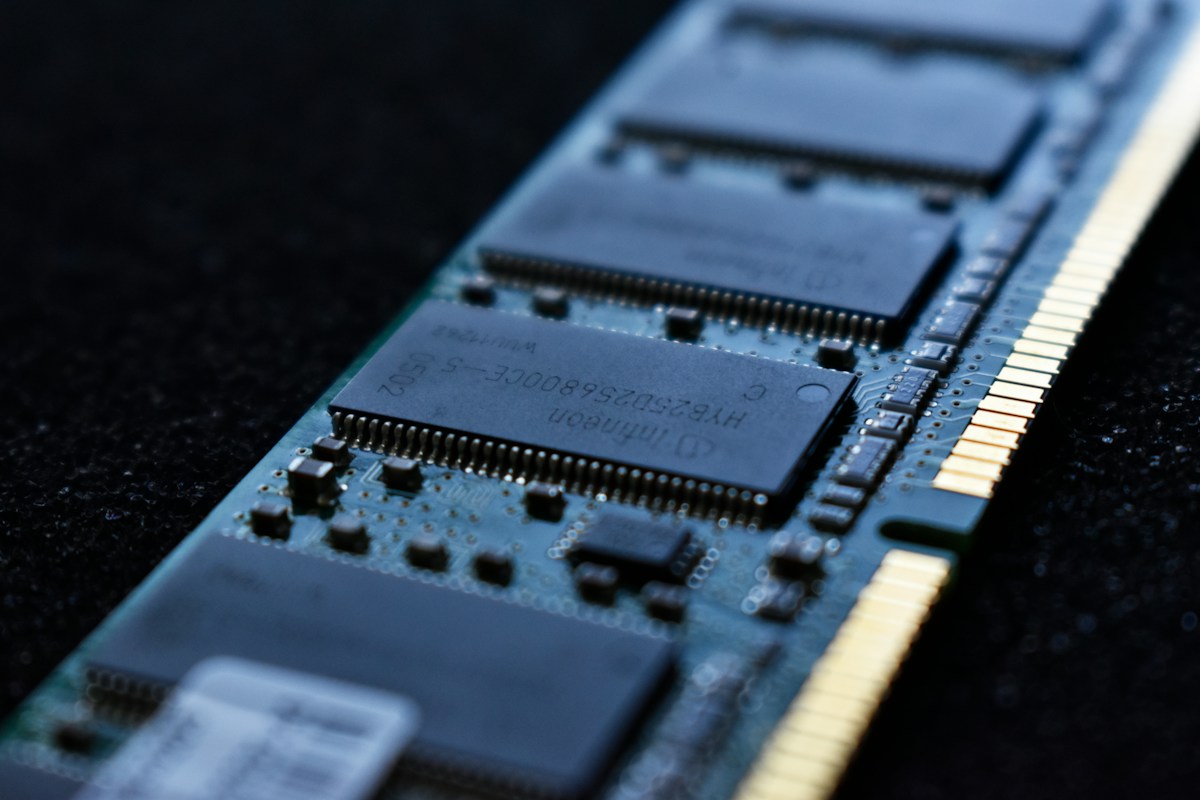 Close-up of a computer RAM module, shown as an illustration of memory hardware.
