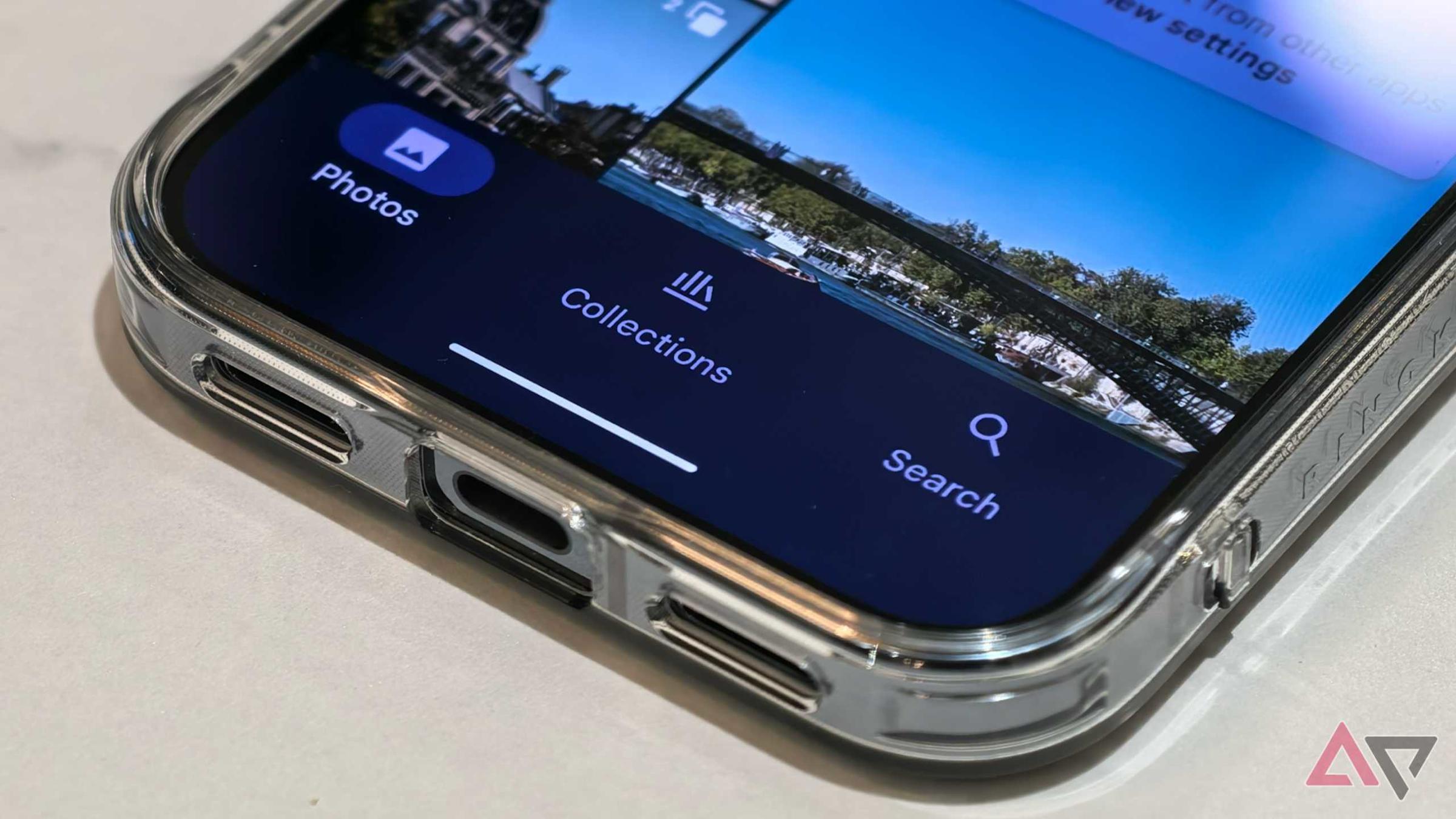Google Photos on iPhone shows a floating bottom navigation toolbar.